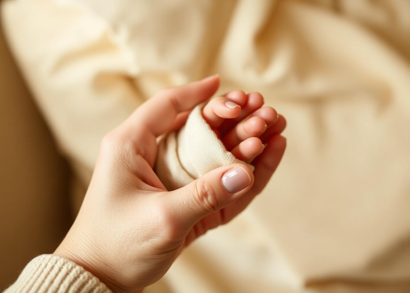 Hand einer Mutter hält die kleine Hand eines Neugeborenen