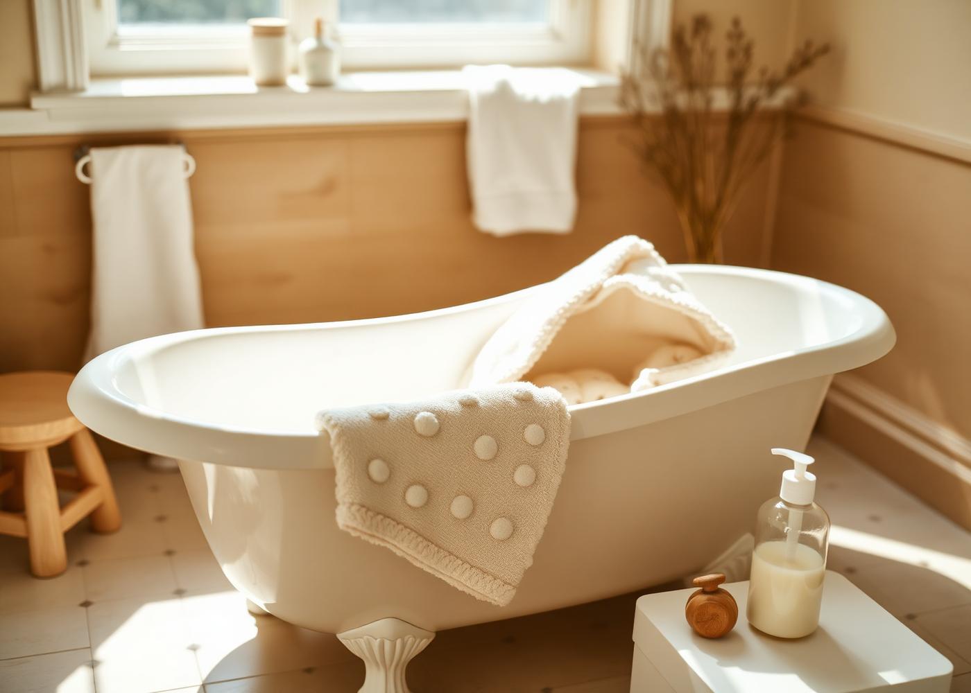 Cremefarbene Babybadewanne mit weichem Handtuch im sonnigen Bad