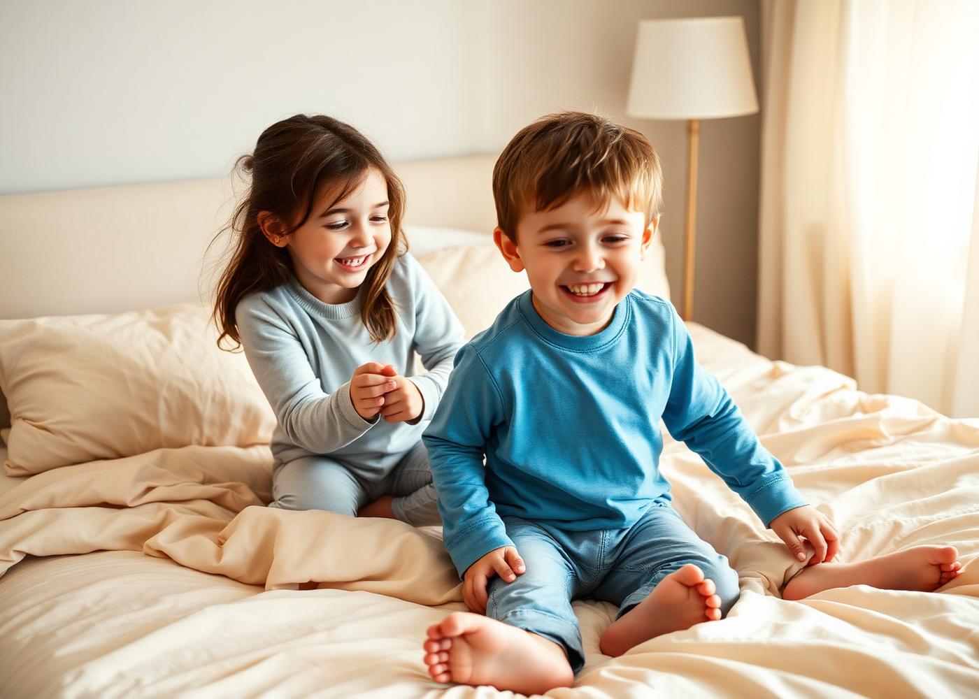 Zwei Kinder spielen lachend auf einem Bett