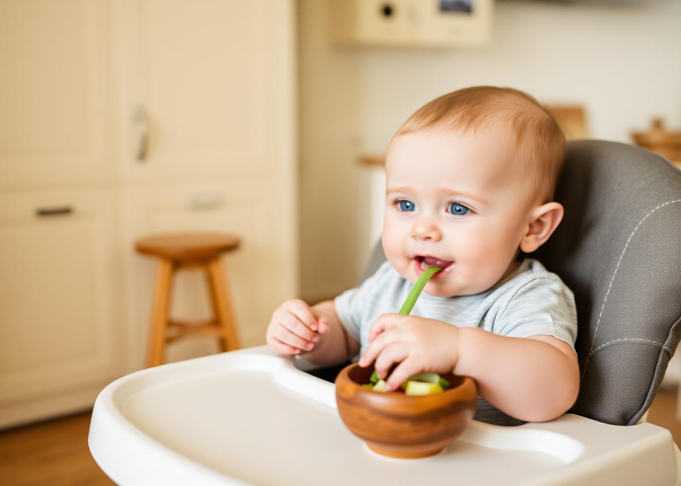 Baby im Hochstuhl isst aus einer kleinen Holzschale
